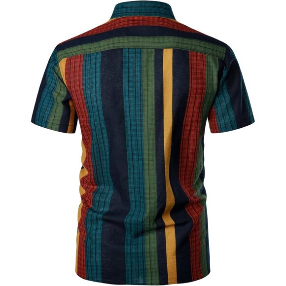 Mens Multicolor Vertical Stripe Short Sleeve Casual Button Up Shirt - Picture 3 of 6